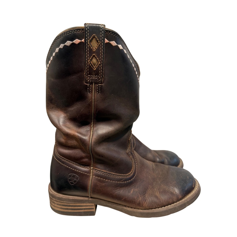 Ariat Brown Leather Western Cowgirl Boots Pink Stitching Comfort Size US 7.5B - Picture 5 of 8